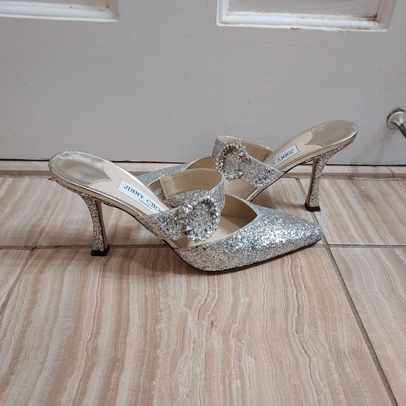 Jimmy Choo Silver Sparkle Glitter Wedding Crystal Buckle Marta Heel Mules - Picture 9 of 10